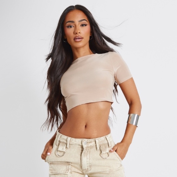 PrettyLittleThing Tops - Prettylittlething “Basic Stone slinky shirt sleeve crop”